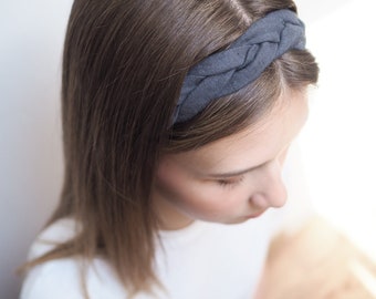Charcoal boho linen headband, braided linen headband, women’s hair accessory, workout headbands