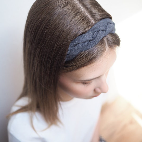 Charcoal boho linen headband, braided linen headband, women’s hair accessory, workout headbands