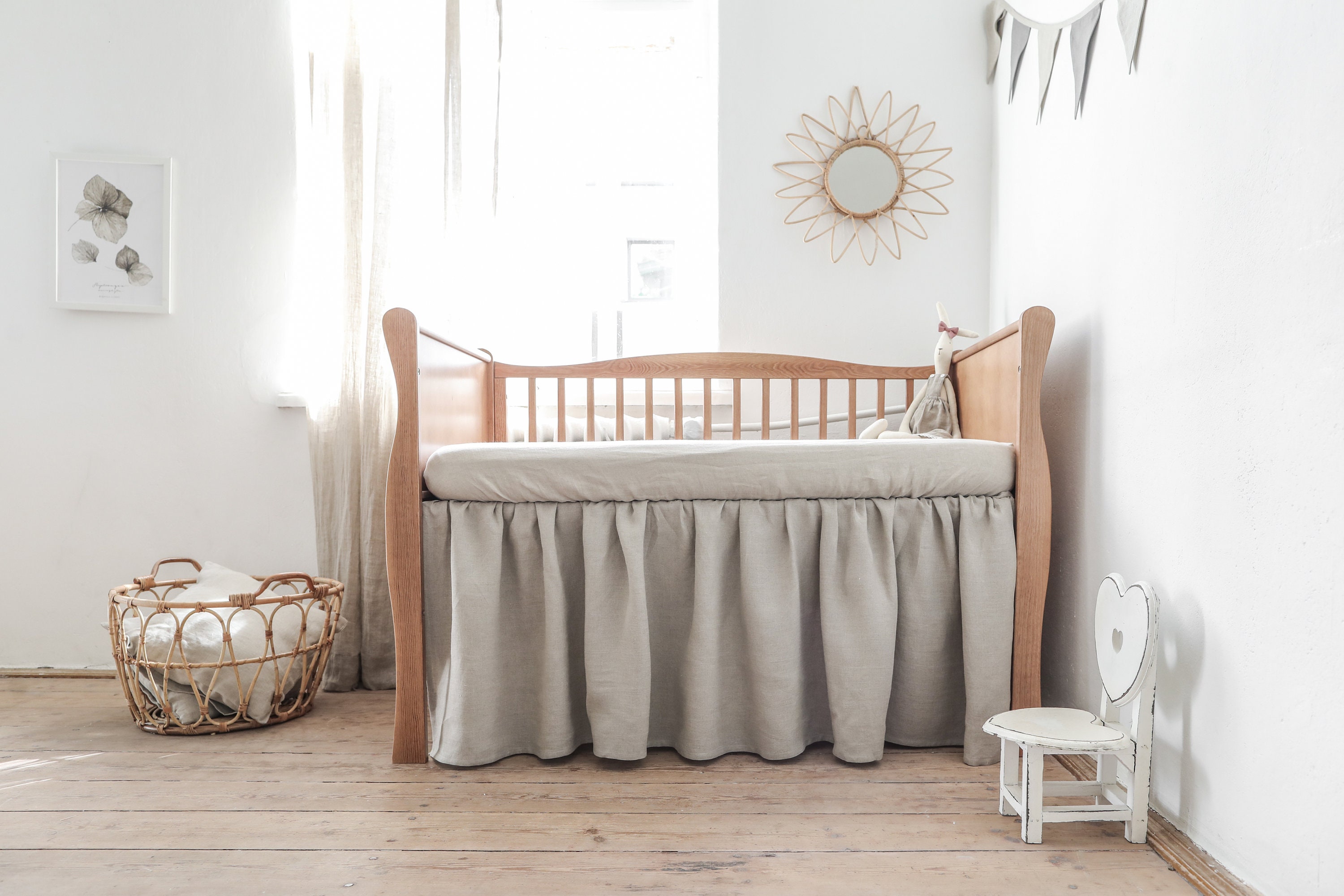 Linen Crib Skirt. Natural Gathered Skirt. Gender Neutral Nursery