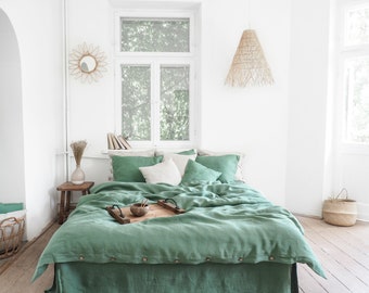 Green Linen Duvet Cover with Buttons - Natural and Soft for a Restful Sleep