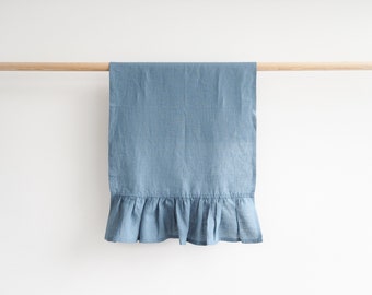 Ruffled linen tea towels. Dusty blue linen hand towel with ruffles.
