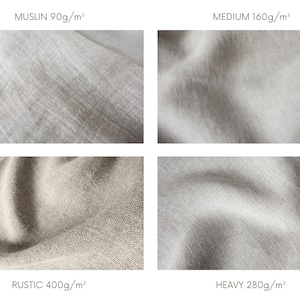 May include: Four fabric swatches in different weights: Muslin 90g/m&sup2;, Medium 160g/m&sup2;, Rustic 400g/m&sup2;, and Heavy 280g/m&sup2;.
