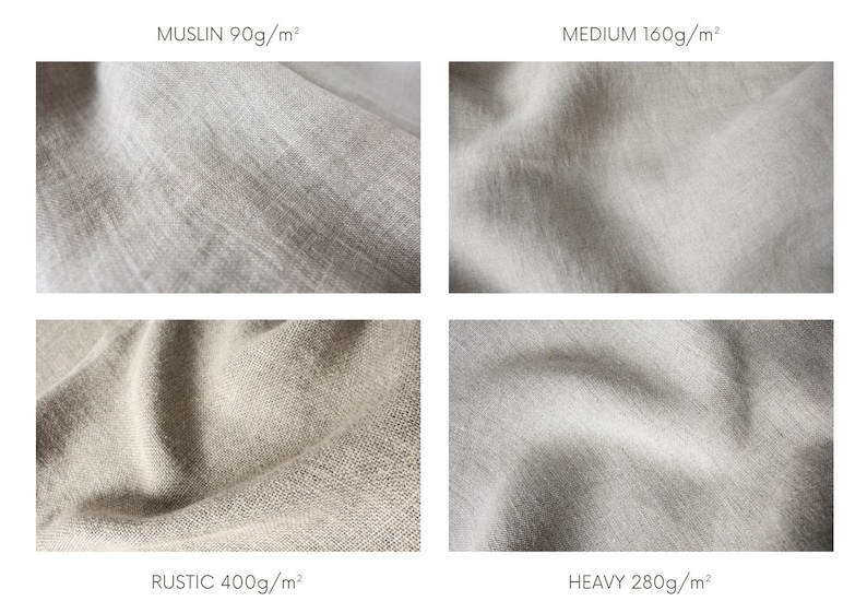 May include: Four fabric swatches in different weights: Muslin 90g/m&sup2;, Medium 160g/m&sup2;, Rustic 400g/m&sup2;, and Heavy 280g/m&sup2;.