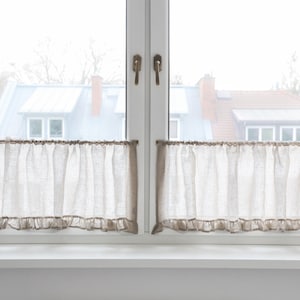 Linen cafe curtains with a ruffle. Short kitchen curtains.