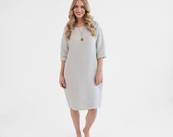 Linen beach cover up in gray stripes. linen dress peony.
