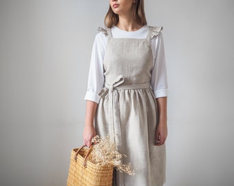 Linen pinafore apron with ruffles. Perfect gift idea