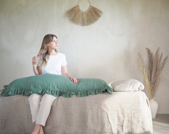 Linen body pillow pillowcase in eucalyptus green. Pillowcase for a long pillow with a ruffle.