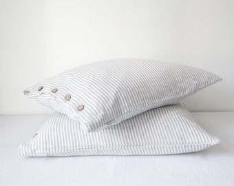 Gray stripes linen pillowcase with coconut buttons. Striped linen bedding