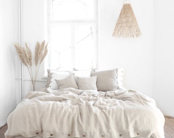 Natural Linen Bedding Set, Stonewashed Duvet Cover with Coconut Buttons