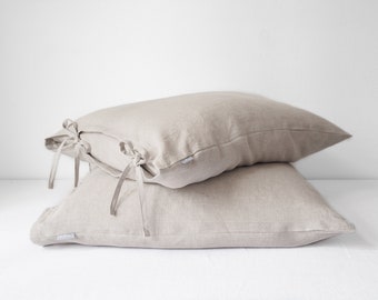 100% natural linen pillow cover tied with a bow, linen pillow case