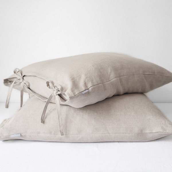 Natural Linen Pillow Cover with Ties, Stonewashed European Flax