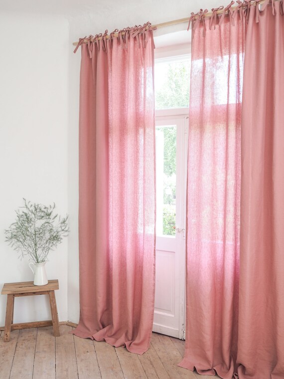 Dusty Pink Linen Curtains Tie Top Curtain Panel With Ribbons Etsy