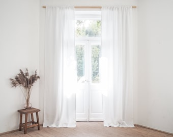 Panel de cortina de lino grueso blanco, con bolsillo para barra y acabado lavado a la piedra (280 g/m2)