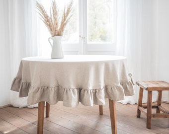 Round Heavy Linen Tablecloth with Ruffle, Handmade