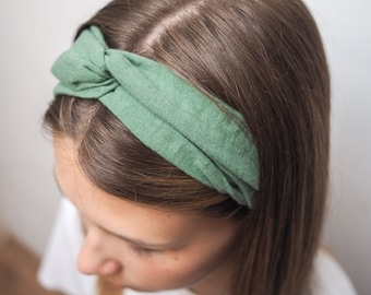 Eucalyptus green knotted linen headband, natural linen headband with a knot, workout headband, beach accessory