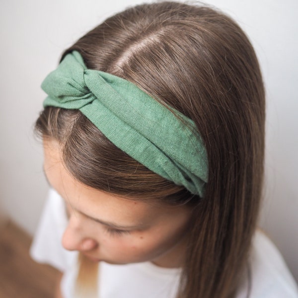 Eucalyptusgroene geknoopte linnen hoofdband, natuurlijke linnen hoofdband met een knoop, trainingshoofdband, strandaccessoire