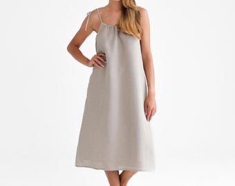 Linen Midi Dress, Summer Dress with Pockets, Eco-friendly Clothing