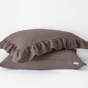 Brown ruffled linen pillowcases. Custom pillowcases. Pillowcase with ruffles.
