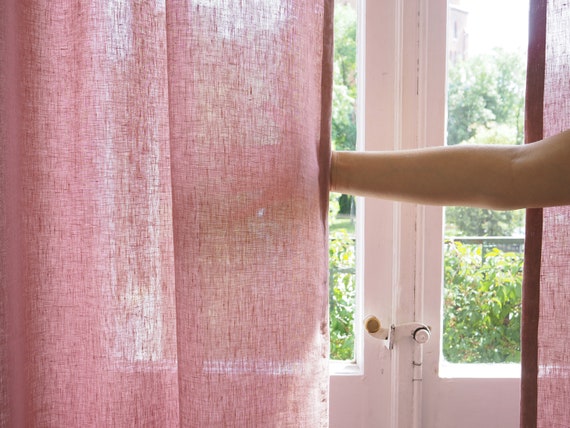 Dusty Pink Linen Curtains Tie Top Curtain Panel With Ribbons Etsy