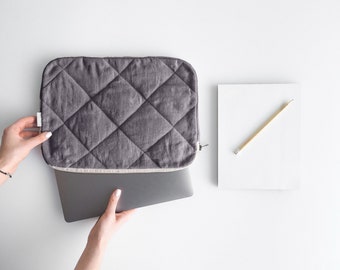 Charcoal quilted Laptop Case with Soft Padding. Linen Laptop Sleeve.