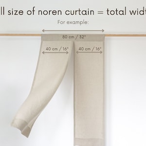 May include: Diagram showing how to measure the full size of a noren curtain. The total width is 80 cm or 32 inches. Each panel is 40 cm or 16 inches wide.