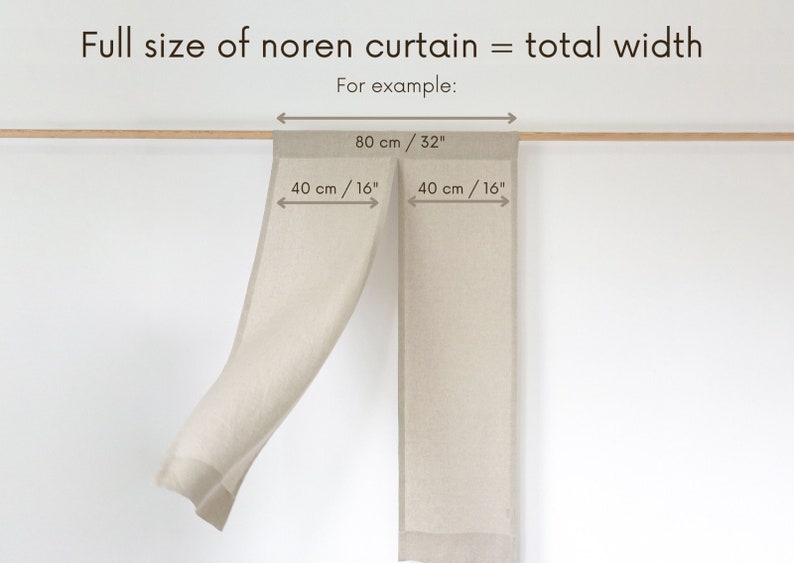 May include: Diagram showing how to measure the full size of a noren curtain. The total width is 80 cm or 32 inches. Each panel is 40 cm or 16 inches wide.