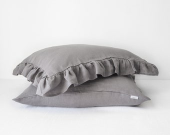 True gray ruffled linen pillow cases. Linen pillow cover with ruffles made of 100% European linen.