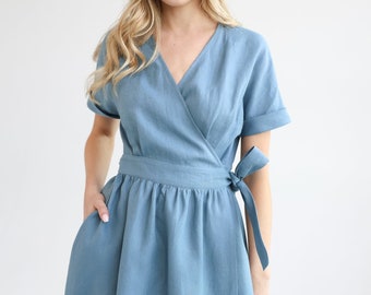 Classic wrap dress in dusty blue color. linen dress jasmine.