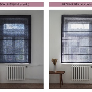 K&ouml;nnte beinhalten: Zwei Fenster mit r&ouml;mischen Rollos aus Leinen. Das linke Fenster hat ein schweres Leinenrollo, w&auml;hrend das rechte Fenster ein mittleres Leinenrollo hat. Beide Rollos sind dunkelgrau.