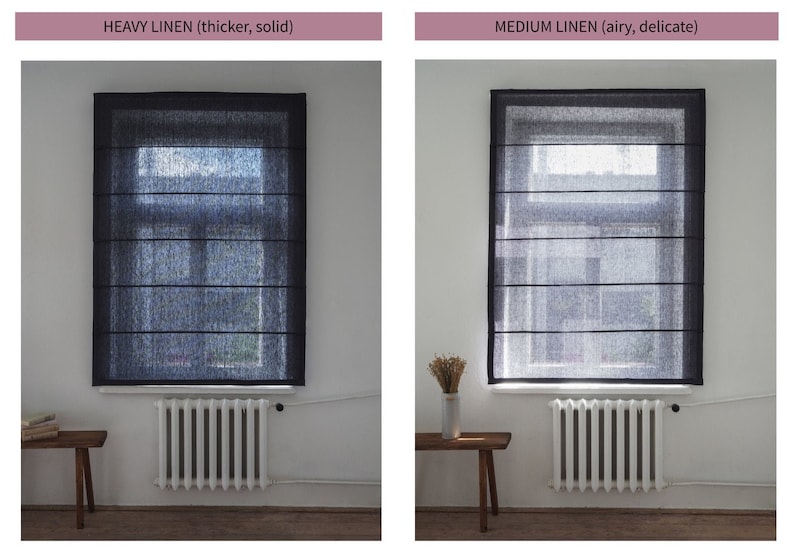 K&ouml;nnte beinhalten: Zwei Fenster mit r&ouml;mischen Rollos aus Leinen. Das linke Fenster hat ein schweres Leinenrollo, w&auml;hrend das rechte Fenster ein mittleres Leinenrollo hat. Beide Rollos sind dunkelgrau.