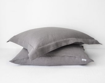 Stylish Oxford style linen pillowcases, true gray linen pillow cover. Stonewashed.
