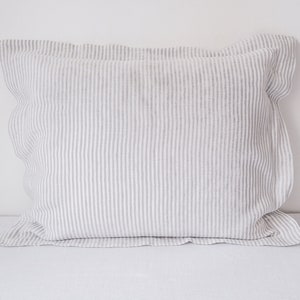 Gray stripes Oxford style linen pillowcases with flange, linen pillow shams, linen bedding