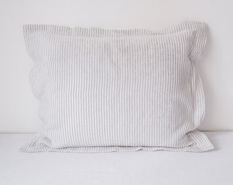 Gray Striped Linen Pillowcase, Oxford Style Flange, Stonewashed