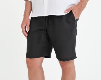 Black Linen Shorts for Men, Stonewashed Sporty Cut