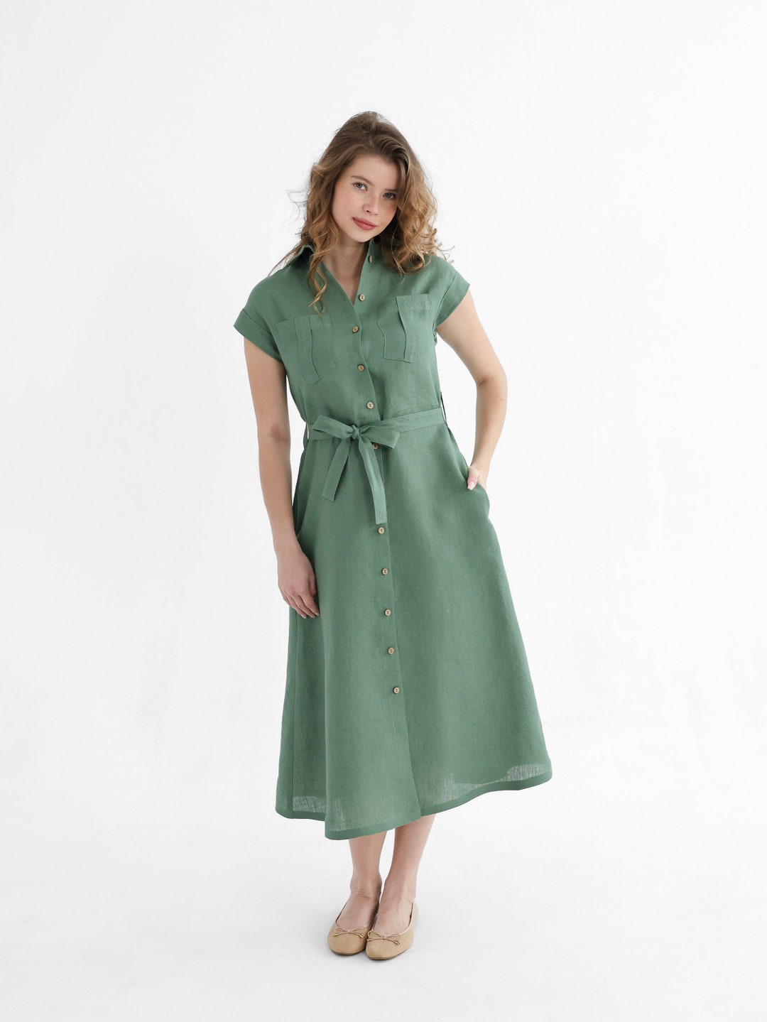 Linen Shirt Dress, Belted Short Sleeve Casual Dress
