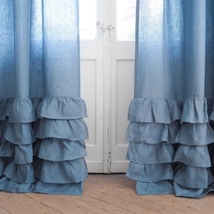 Blue linen ruffled curtain panel made of medium linen (160 g/m2). curtain for a living room.