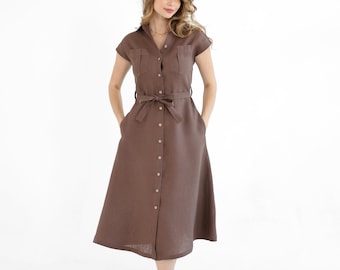 Linen Shirt Dress, Short Sleeve Belted Dress, Natural Fabric
