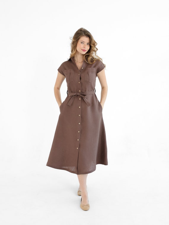 Linen Shirt Dress, Short Sleeve Belted Dress, Natural Fabric Linen Shirt Dress, Short Sleeve Belted Dress, Natural Fabric
