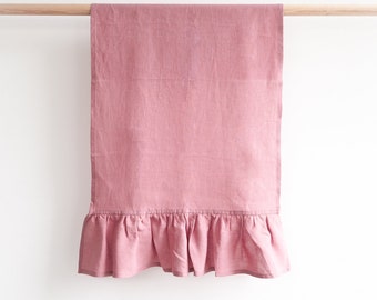 Ruffled linen tea towels. Dusty pink linen hand towel with ruffles.