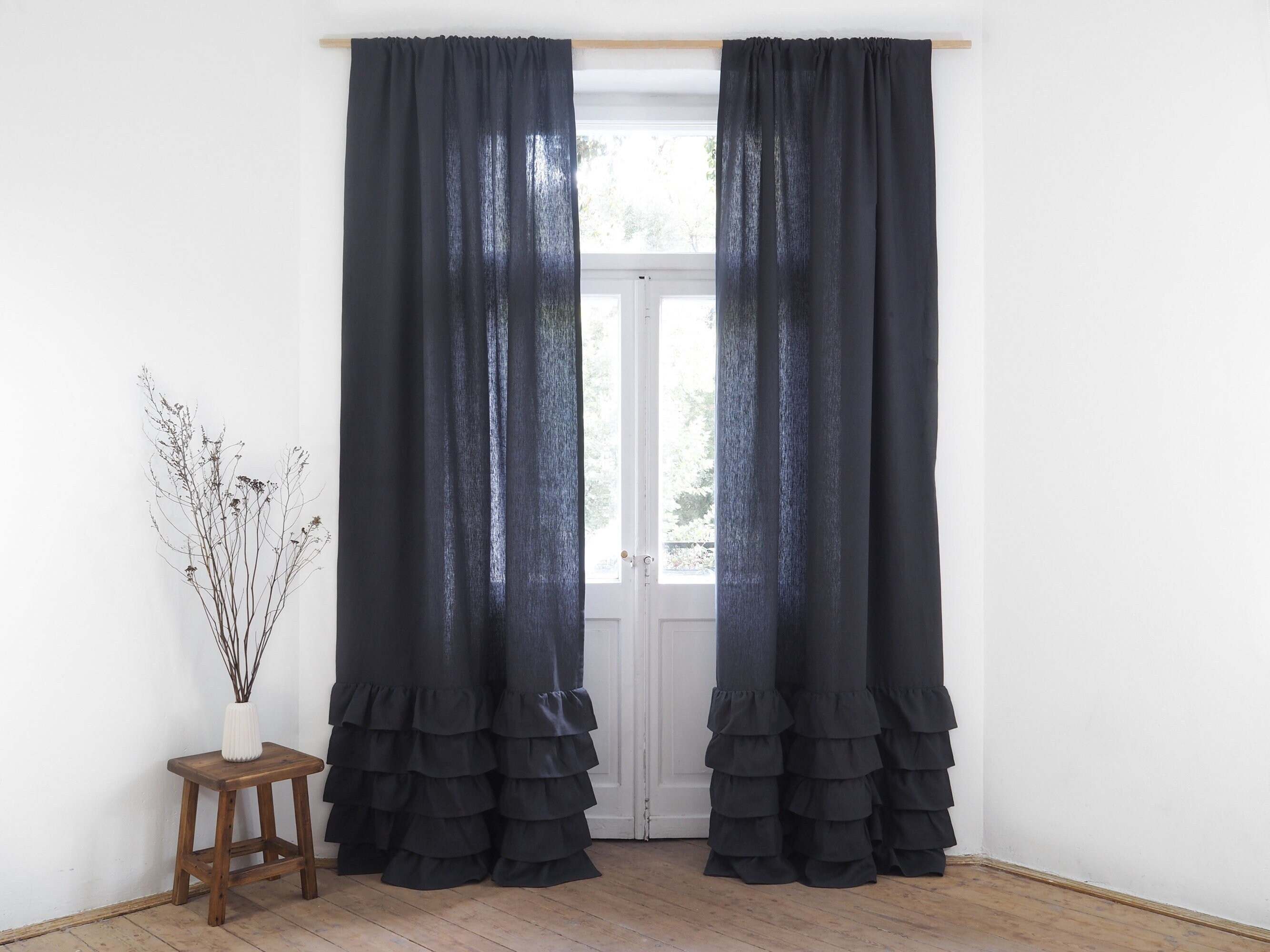 Charcoal Ruffled Heavy Linen Curtain Panel, Boho Drapes, Natural Window ...