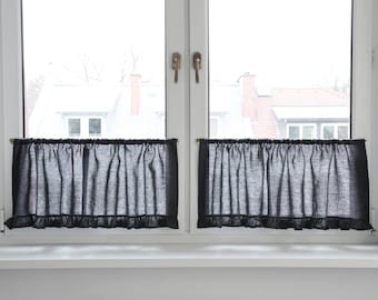 Ruffled Linen Cafe Curtain: Charcoal Stonewashed Short Curtain