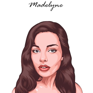 Op de afbeelding: Digitaal portret van een vrouw met lang, golvend bruin haar, blauwe ogen en rode lippen. De naam "Madelyne" staat in een cursief lettertype boven het portret. De achtergrond is wit.