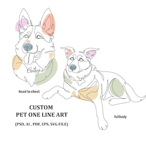 Aangepast minimalistisch huisdierportret: digitale tekening in één lijn voor katten, honden en meer