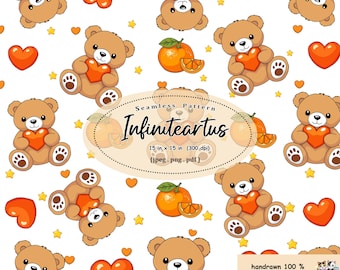 Teddy Bear Seamless Pattern with Orange Hearts | Kawaii Valentine Digital Paper