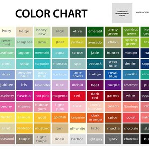 May include: A color chart grid featuring a wide variety of labeled color swatches arranged in rows and columns. The chart includes text labels for each color, ranging from neutrals like ivory and black to vibrant shades like hot pink and lime.