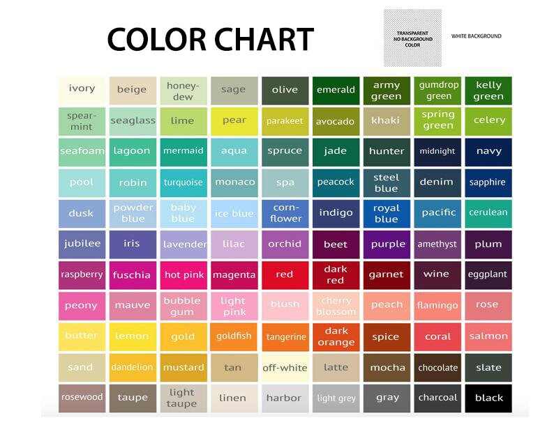 May include: A color chart grid featuring a wide variety of labeled color swatches arranged in rows and columns. The chart includes text labels for each color, ranging from neutrals like ivory and black to vibrant shades like hot pink and lime.