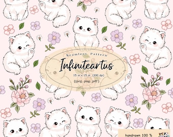 White Kitten Floral Seamless Pattern, Pastel Kawaii Cat Digital Paper (300 DPI)