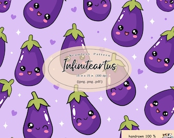 Kawaii Eggplant Seamless Pattern PNG | Cute Digital Paper | Purple Vegetable Repeat Background for Fabric, Scrapbooking & Sublimation