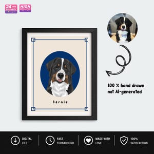 May include: A framed portrait of a Bernese Mountain Dog named Bernie. The dog's portrait is set against a blue circle on a cream background, framed in black. The text "Bernie" is below the portrait. The image also includes text that says "100% hand drawn not AI-generated".