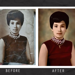 May include: A before and after photo restoration of a woman wearing a red dress and a gold necklace with a cross pendant. The before photo is faded and damaged, while the after photo is restored and colourised.